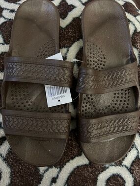 Brown Woven Double-Strap Slide Sandals